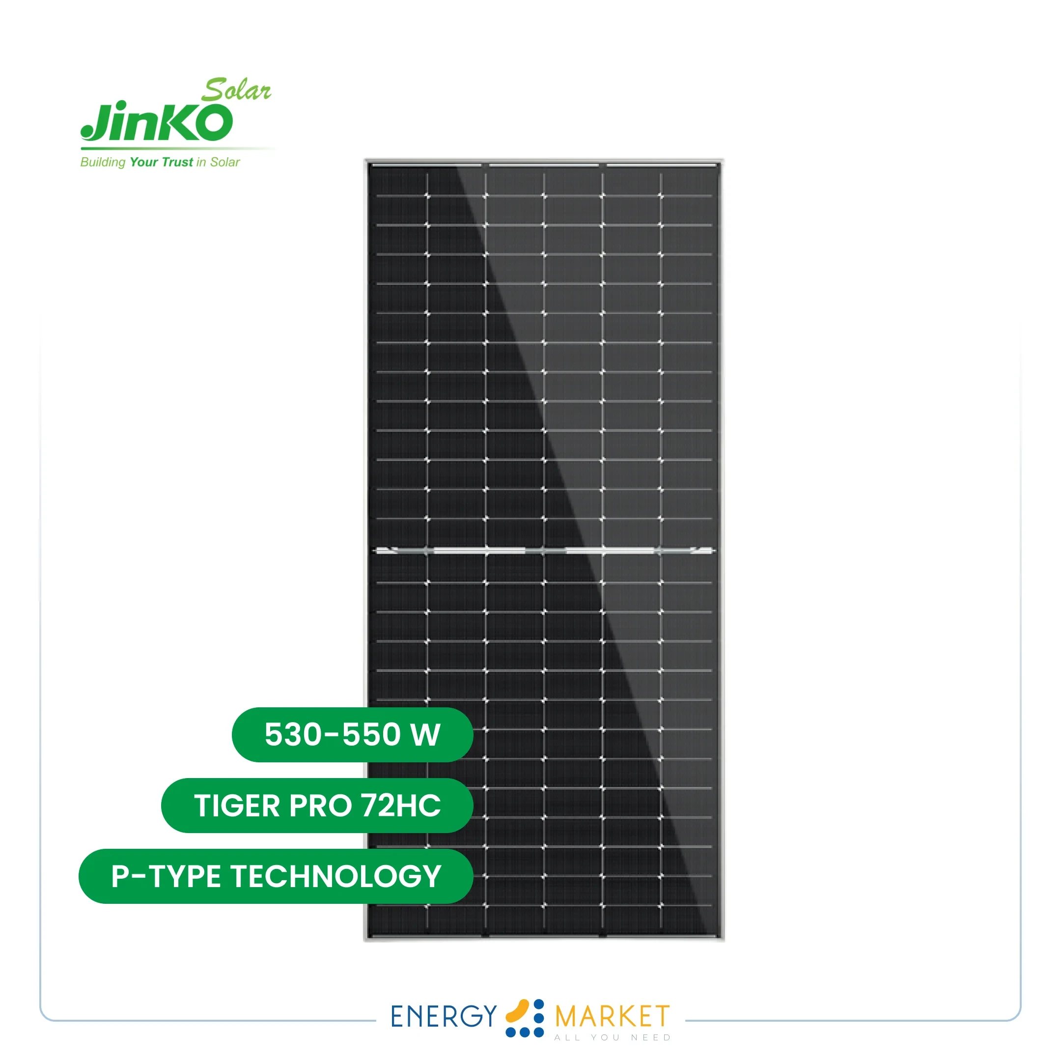 Panneau solaire  JINKO Solar  530-550 Watt Tiger PRO 72HC P-Type